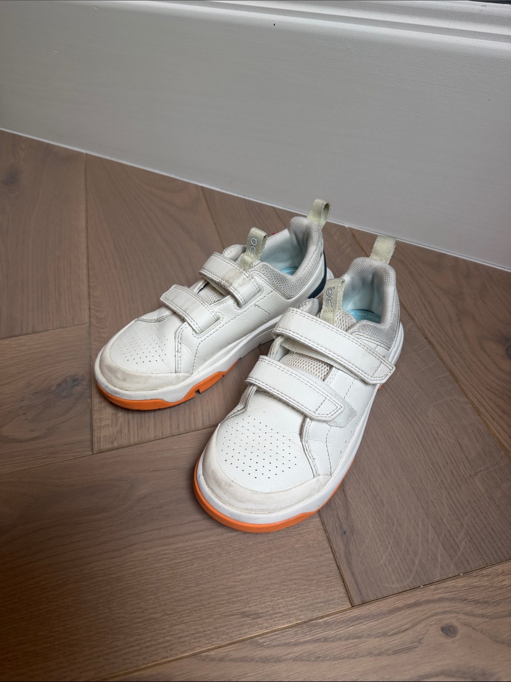 Kids White Sneakers with Orange Sole and Double Velcro Straps